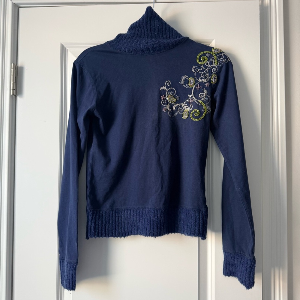 Embroidered Turtle Neck Navy Blue Sweater